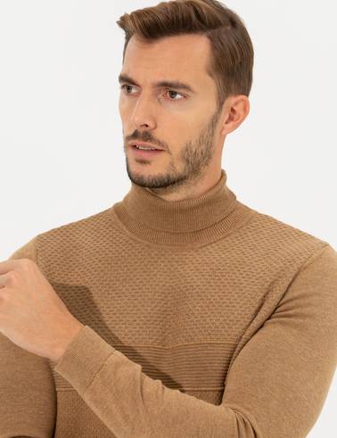 Camel Melanj Slim Fit Balıkçı Yaka Triko Kazak