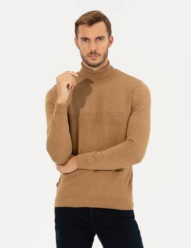 Camel Melanj Slim Fit Balıkçı Yaka Triko Kazak