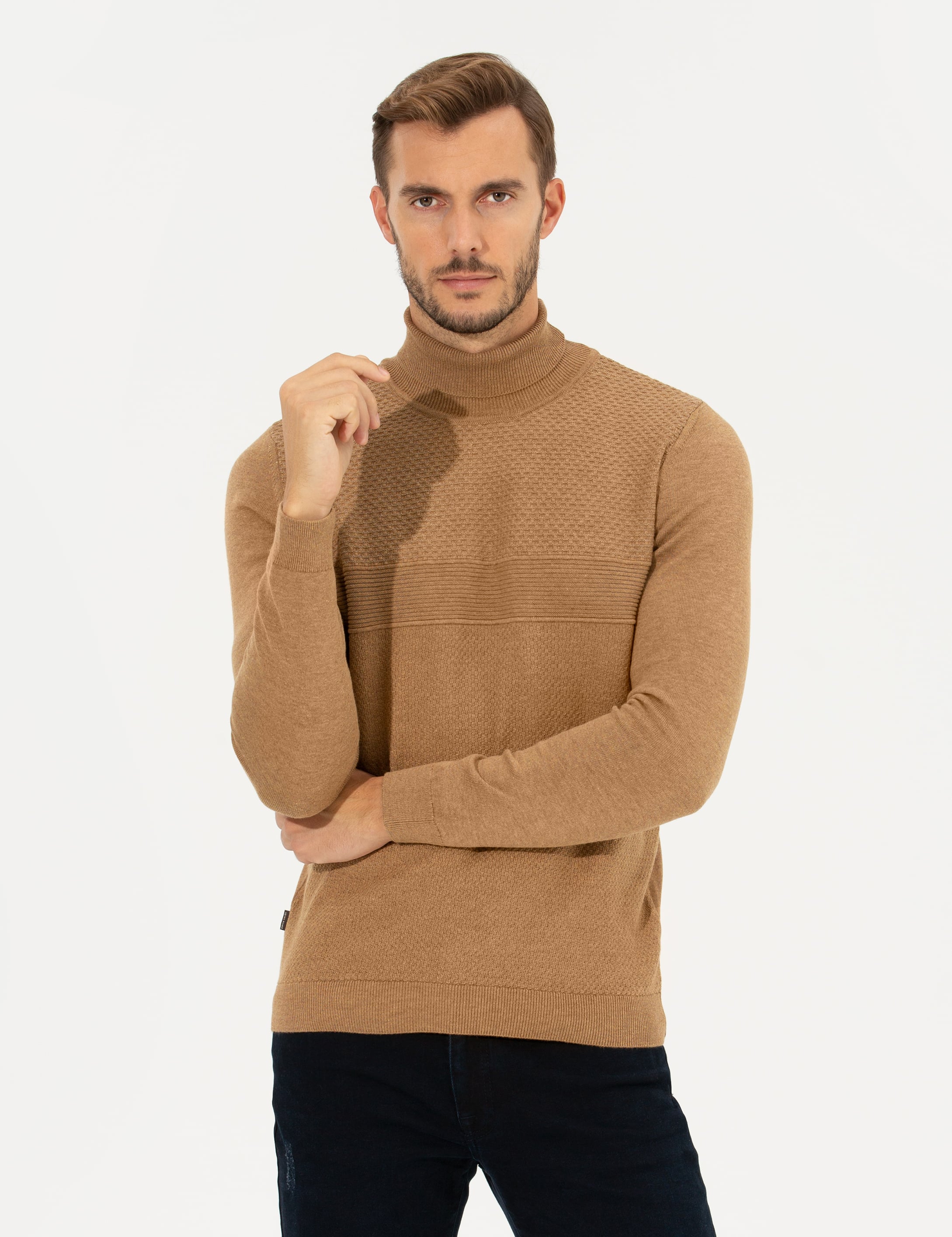 Camel Melanj Slim Fit Balıkçı Yaka Triko Kazak