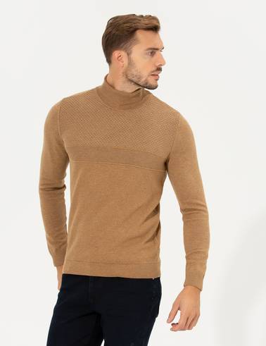Camel Melanj Slim Fit Balıkçı Yaka Triko Kazak