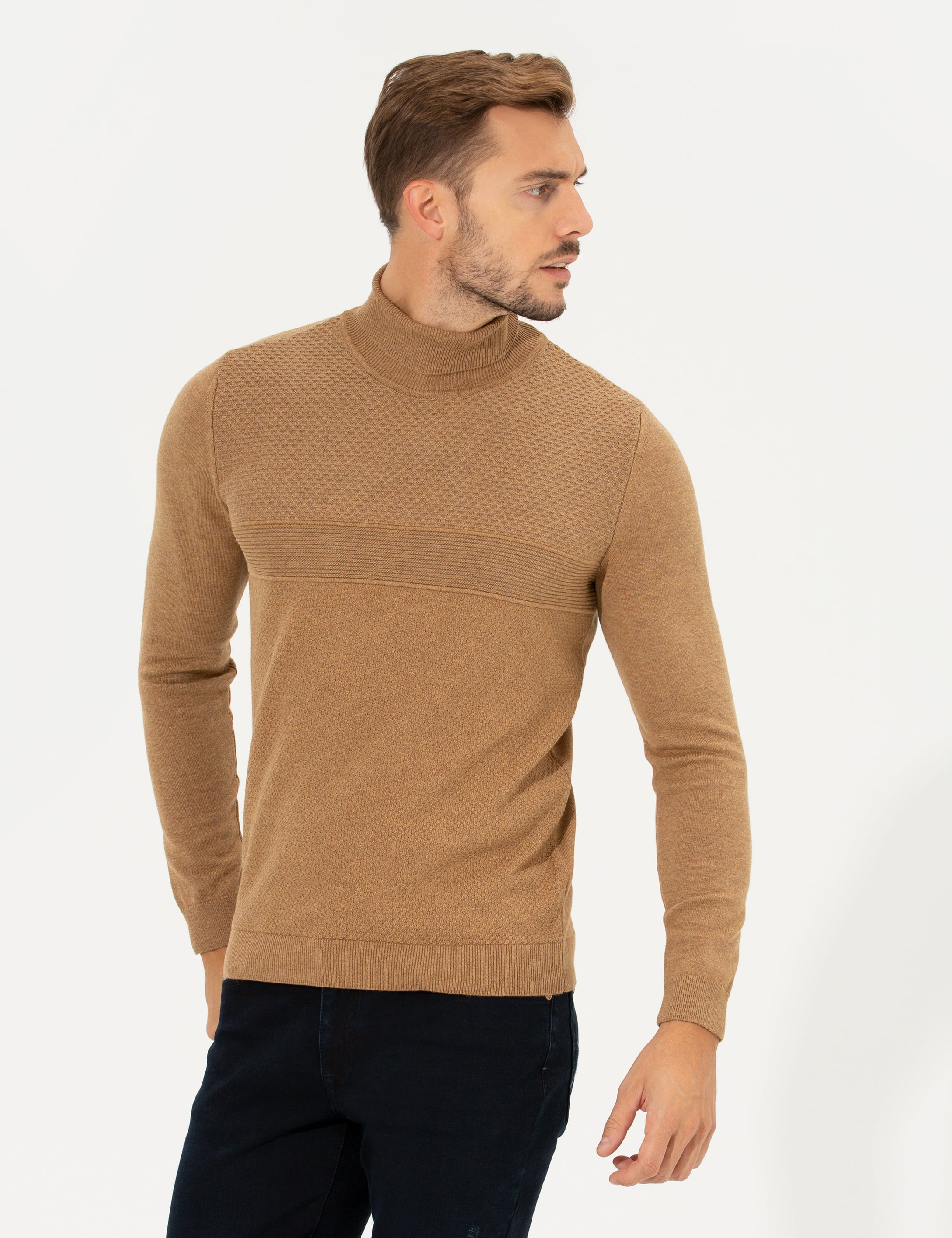 Camel Melanj Slim Fit Balıkçı Yaka Triko Kazak