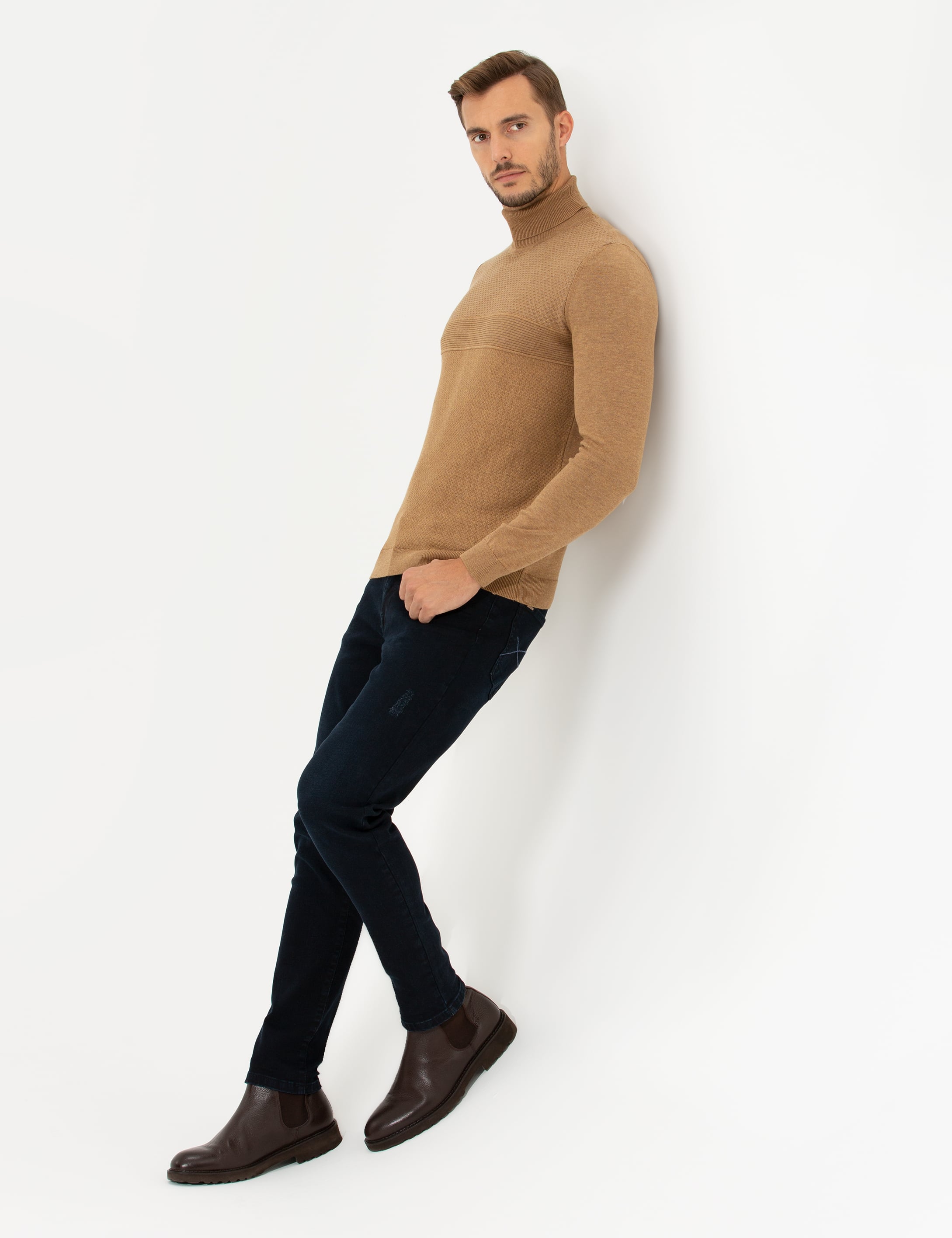 Pierre Cardin Camel Melanj Slim Fit Balıkçı Yaka Triko Kazak görsel 4