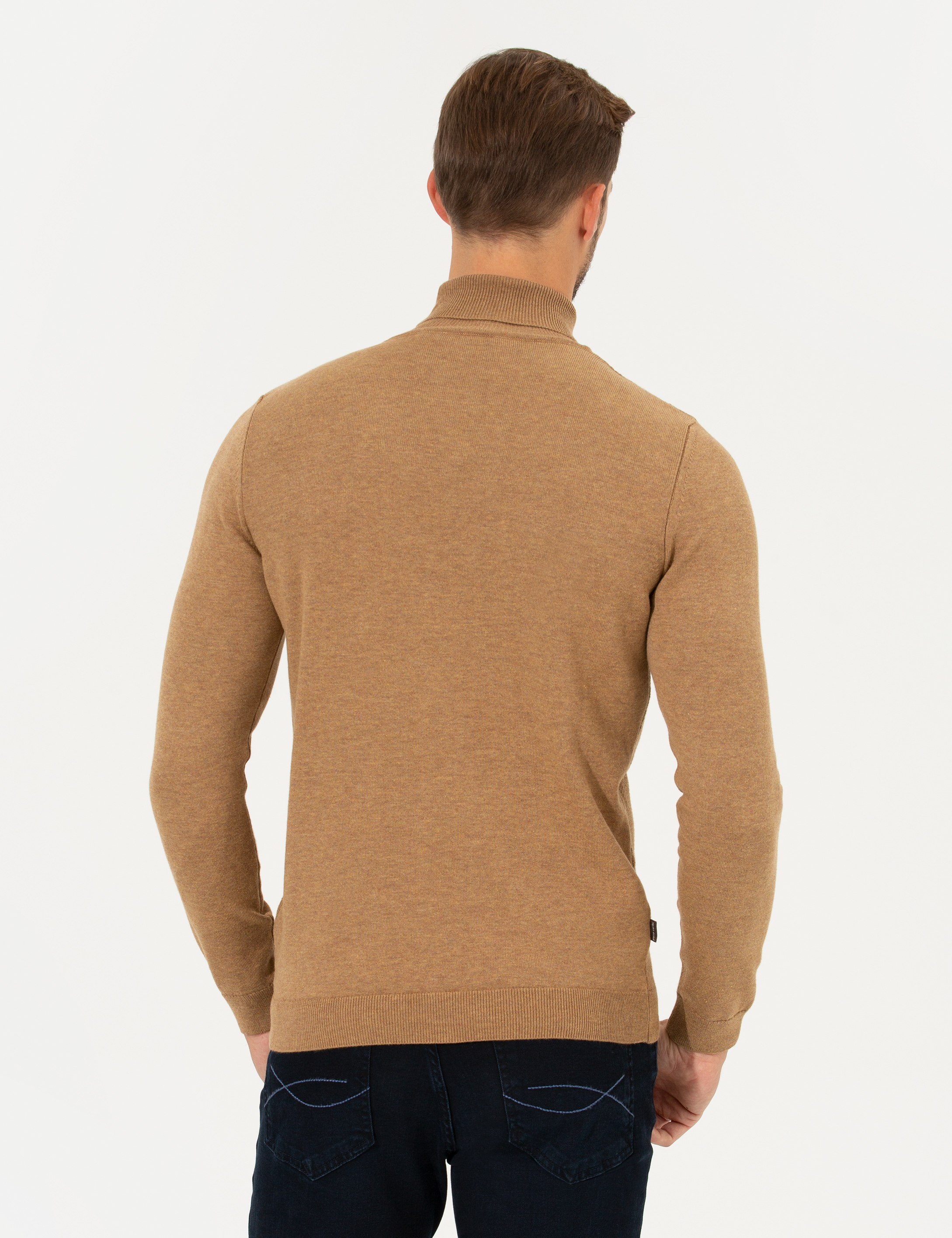 Pierre Cardin Camel Melanj Slim Fit Balıkçı Yaka Triko Kazak görsel 5