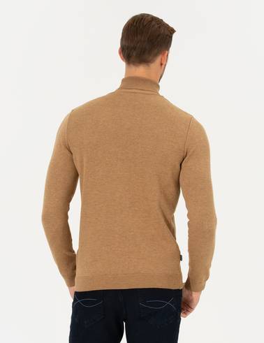 Camel Melanj Slim Fit Balıkçı Yaka Triko Kazak