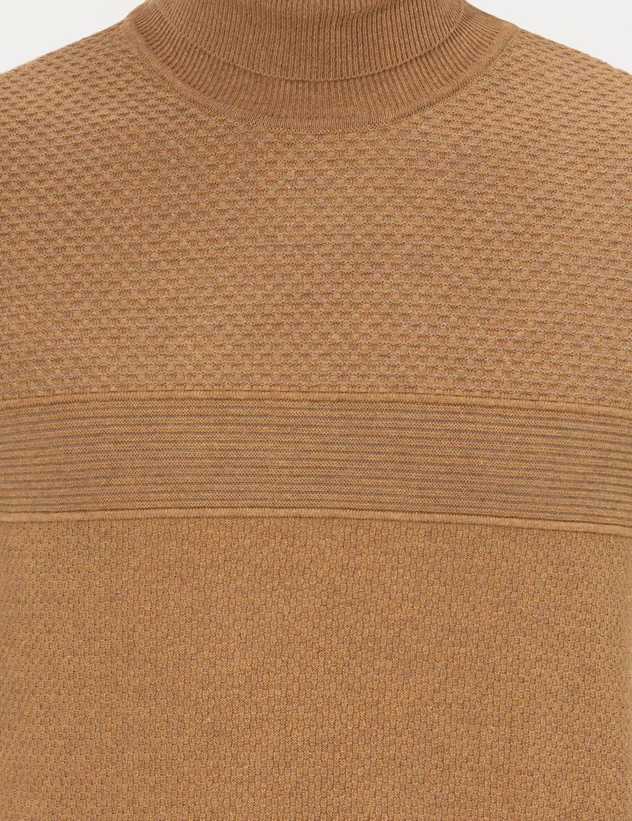 Camel Melanj Slim Fit Balıkçı Yaka Triko Kazak