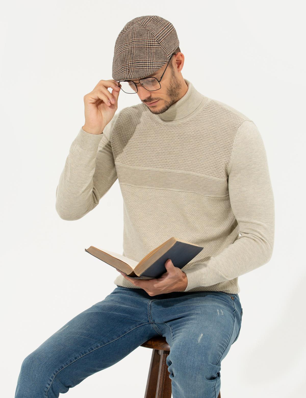 Kum Melanj Slim Fit Balıkçı Yaka Triko Kazak