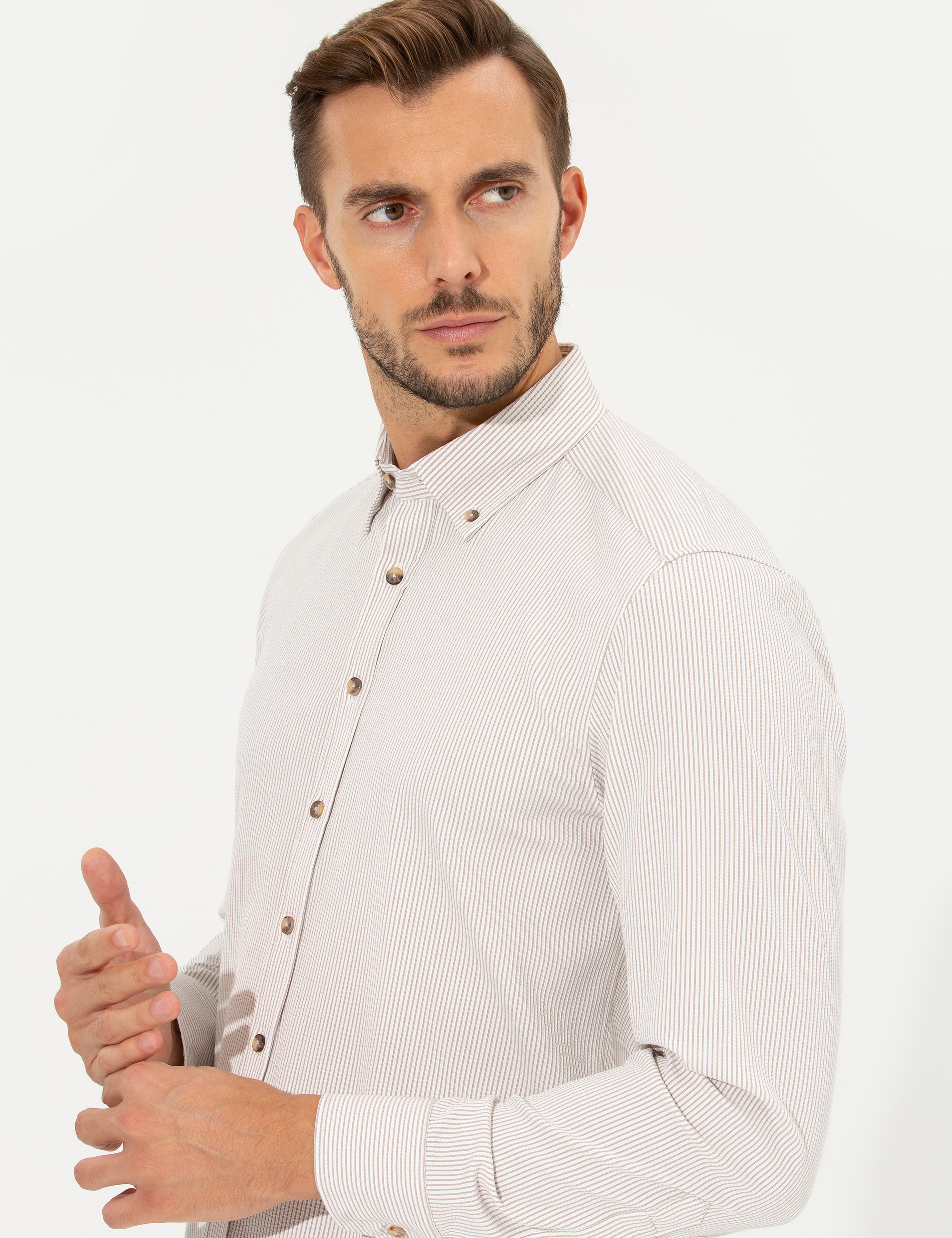 Bej Slim Fit Uzun Kollu Gömlek - Image 1