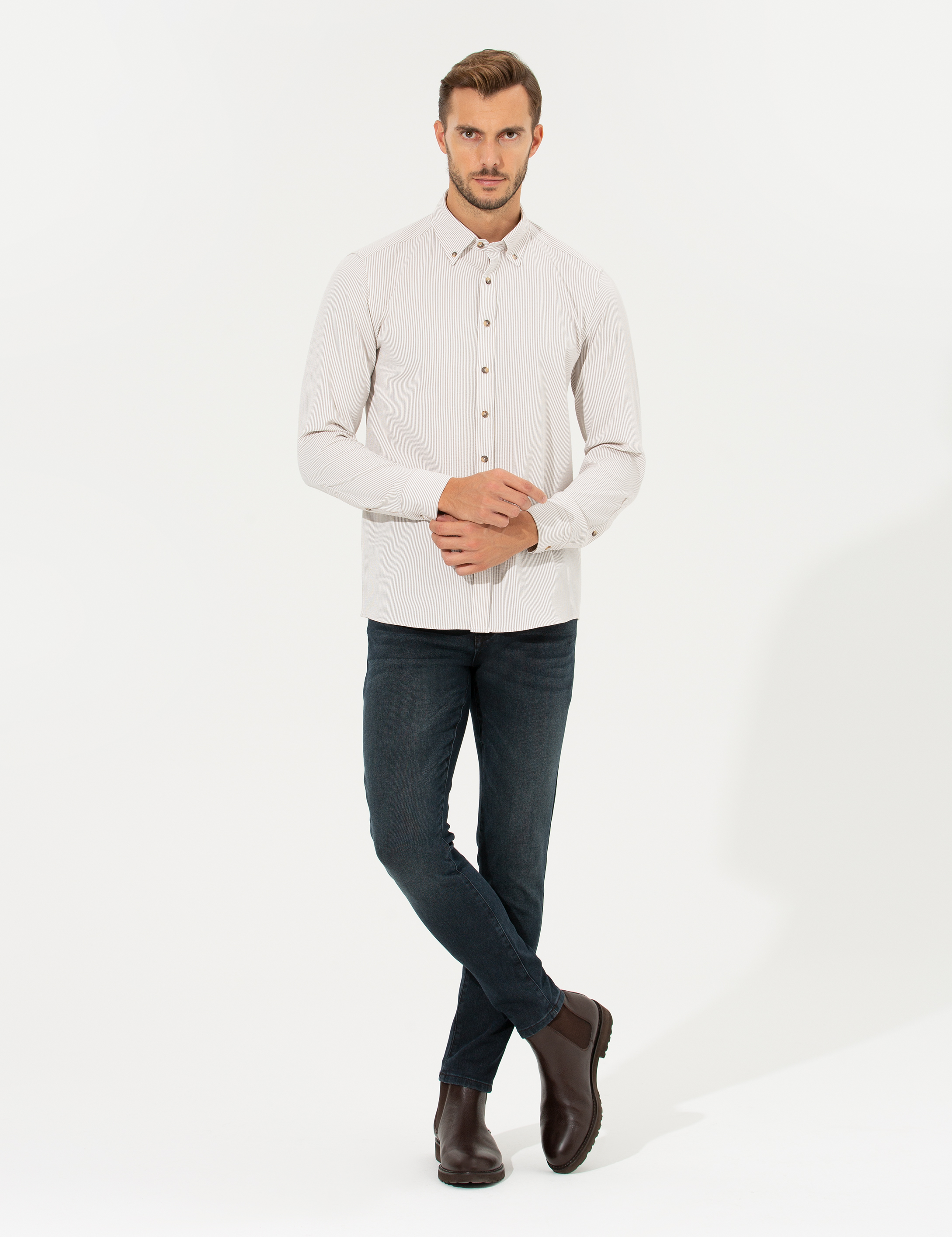 Pierre Cardin Bej Slim Fit Uzun Kollu Gömlek görsel 4