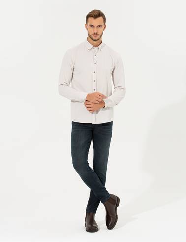Bej Slim Fit Uzun Kollu Gömlek