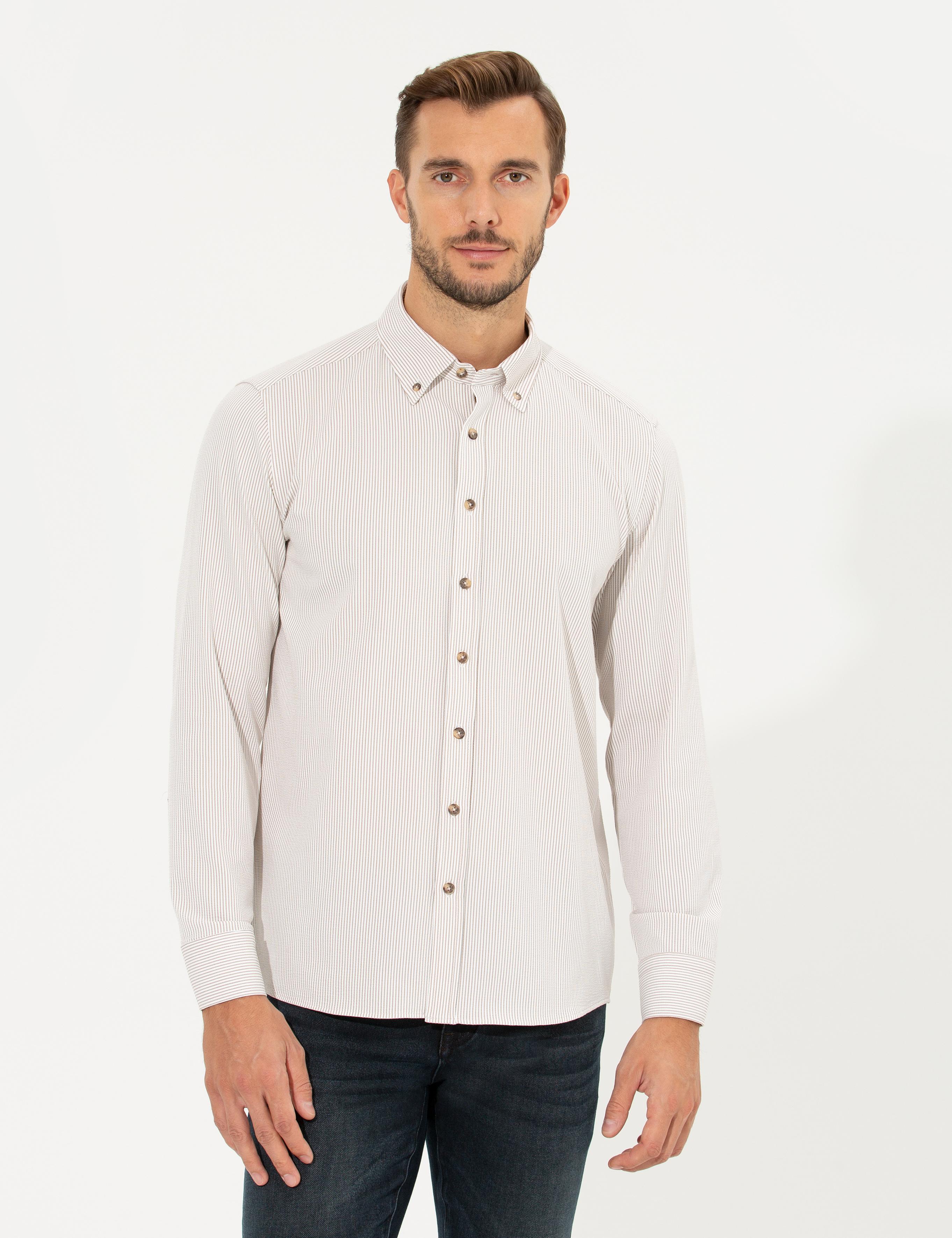 Bej Slim Fit Uzun Kollu Gömlek