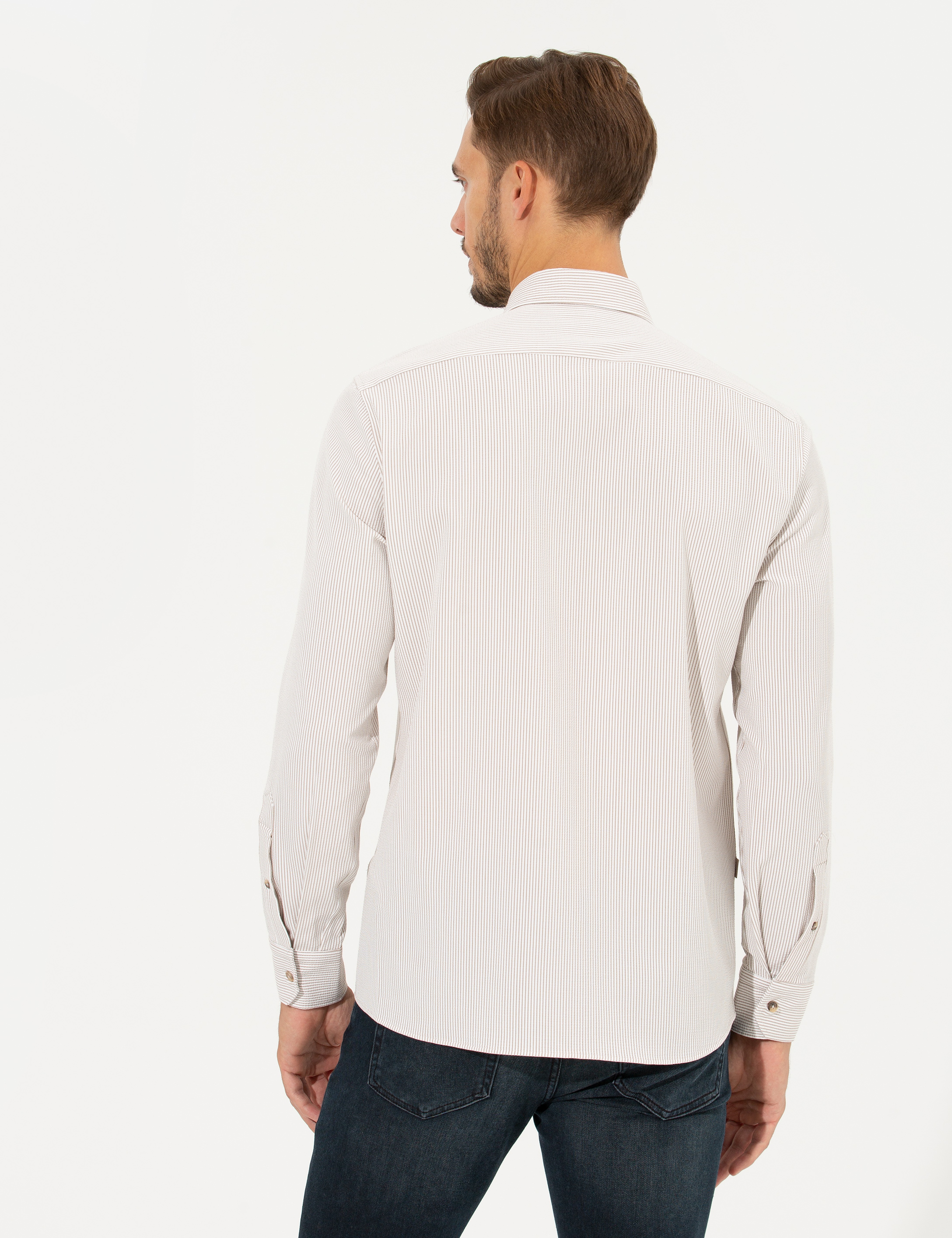 Bej Slim Fit Uzun Kollu Gömlek