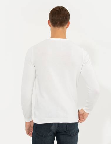 Ekru Slim Fit Bisiklet Yaka Triko Kazak