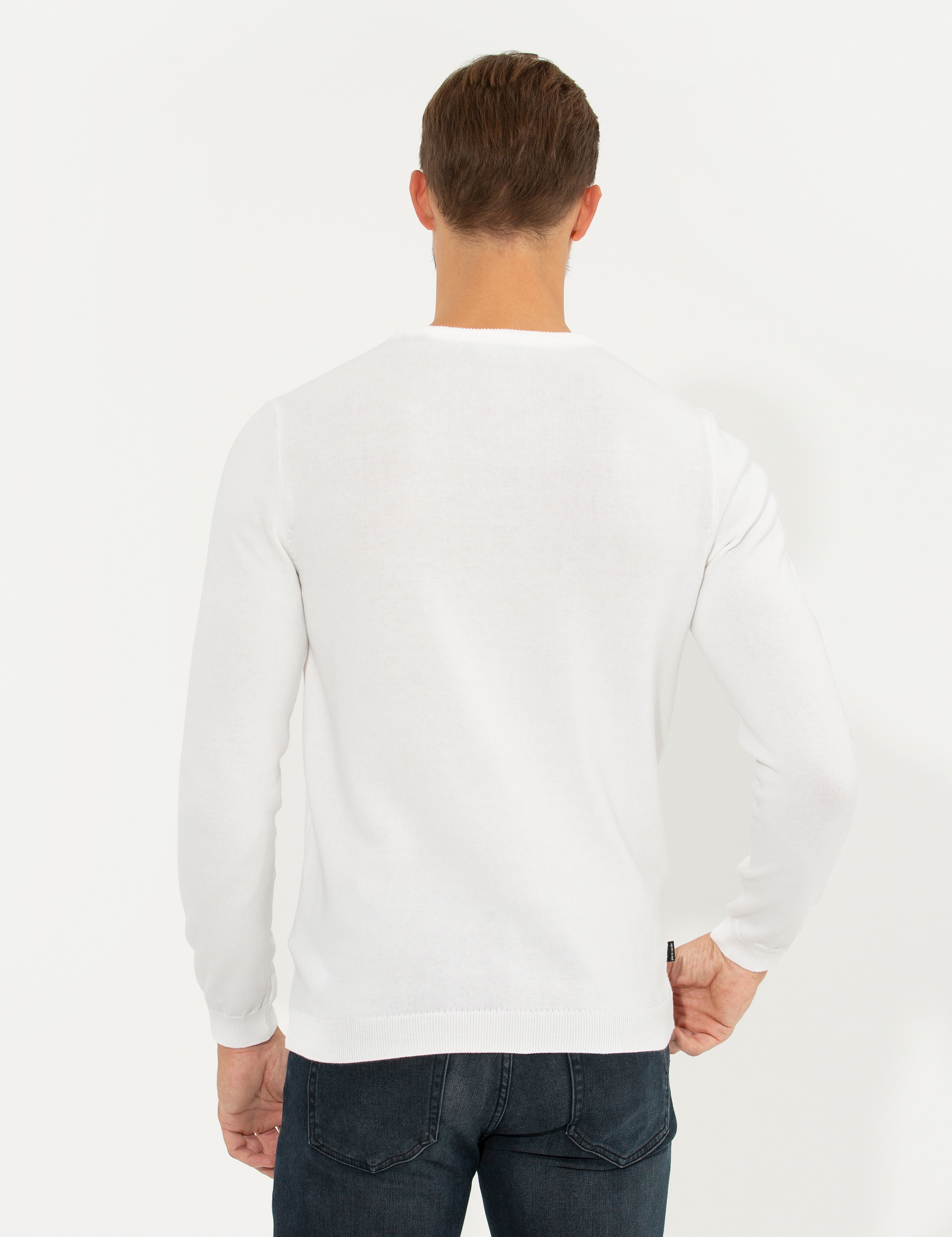Ekru Slim Fit Bisiklet Yaka Triko Kazak - Image 5