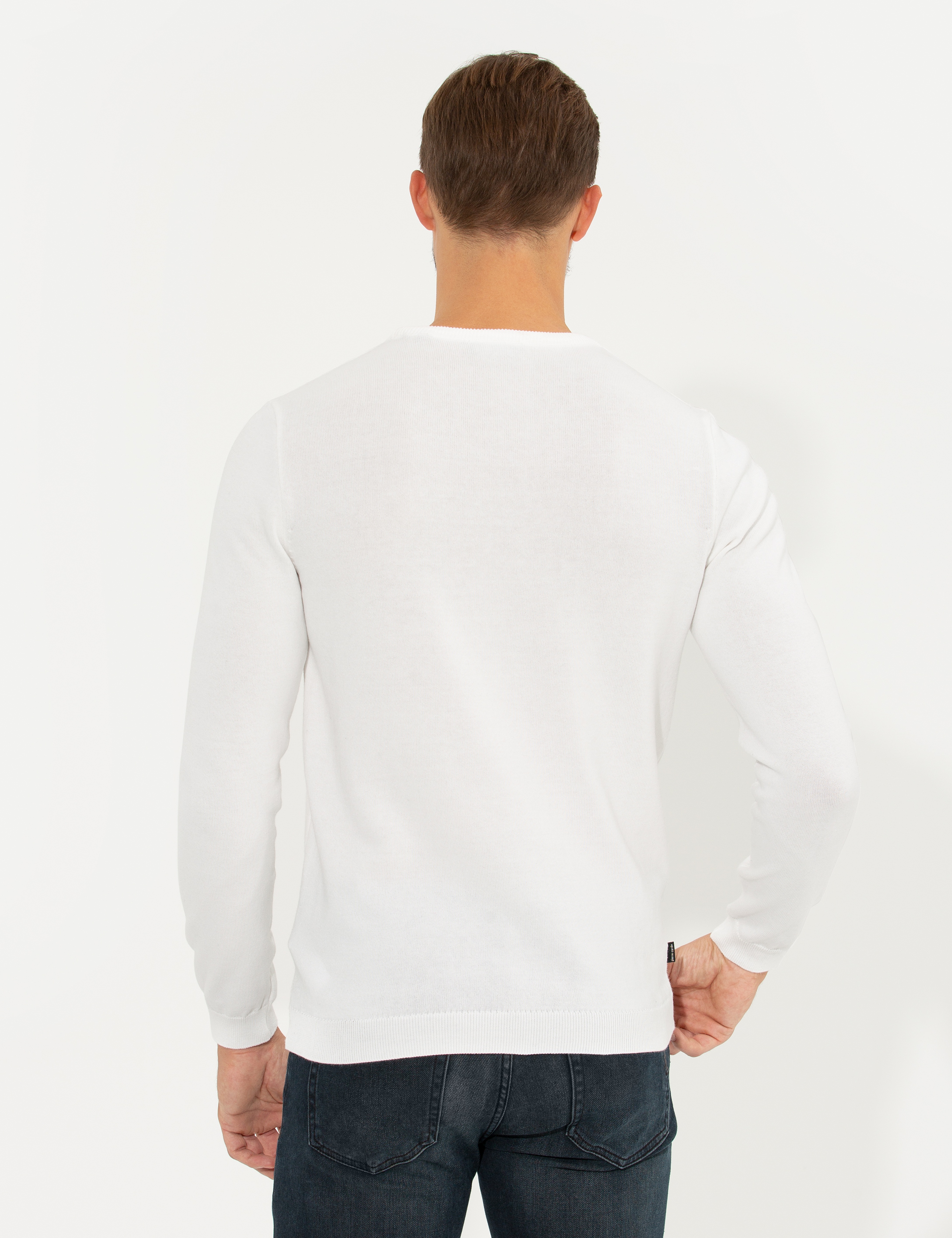 Ekru Slim Fit Bisiklet Yaka Triko Kazak