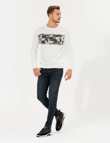 Ekru Slim Fit Bisiklet Yaka Triko Kazak