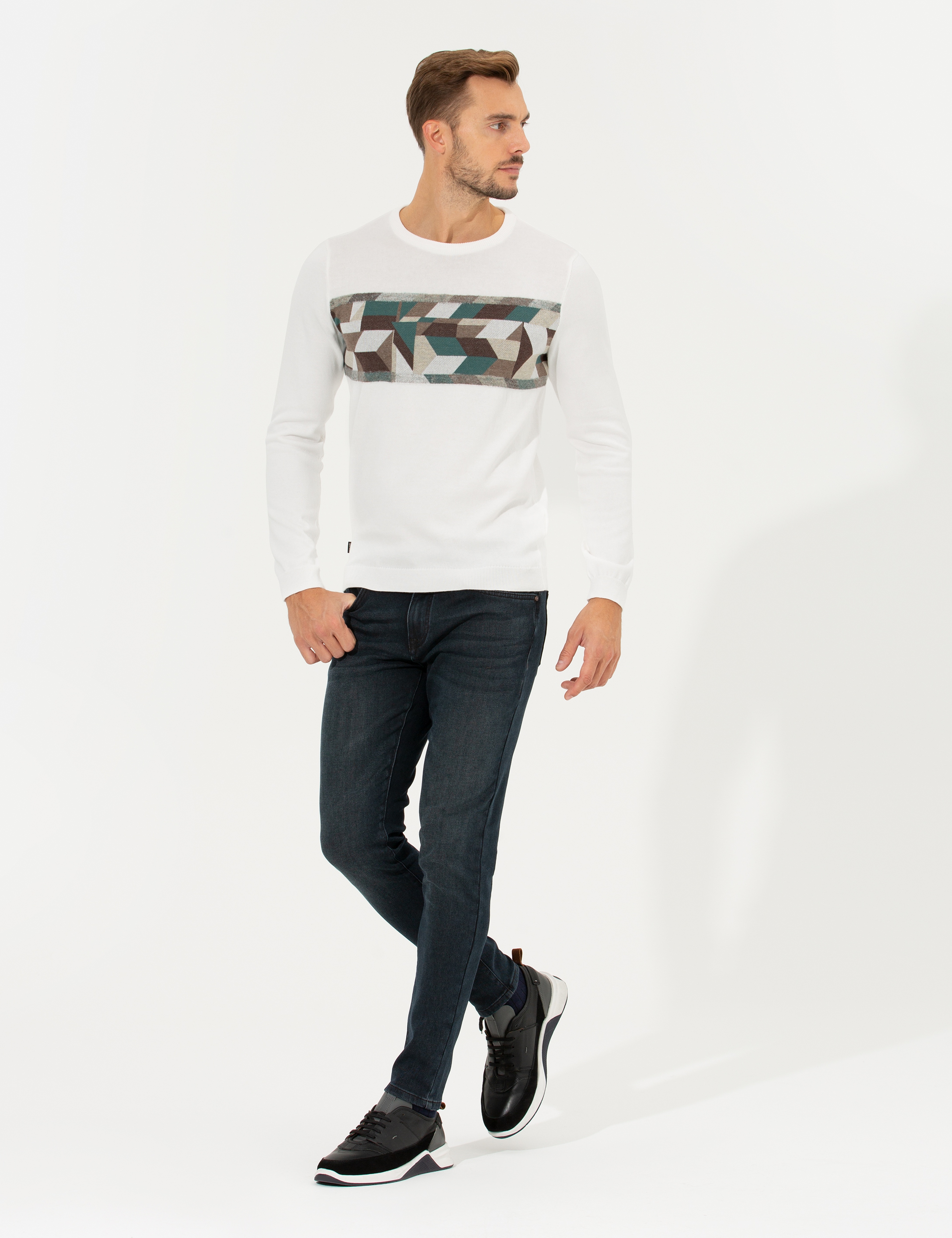 Ekru Slim Fit Bisiklet Yaka Triko Kazak - Image 4
