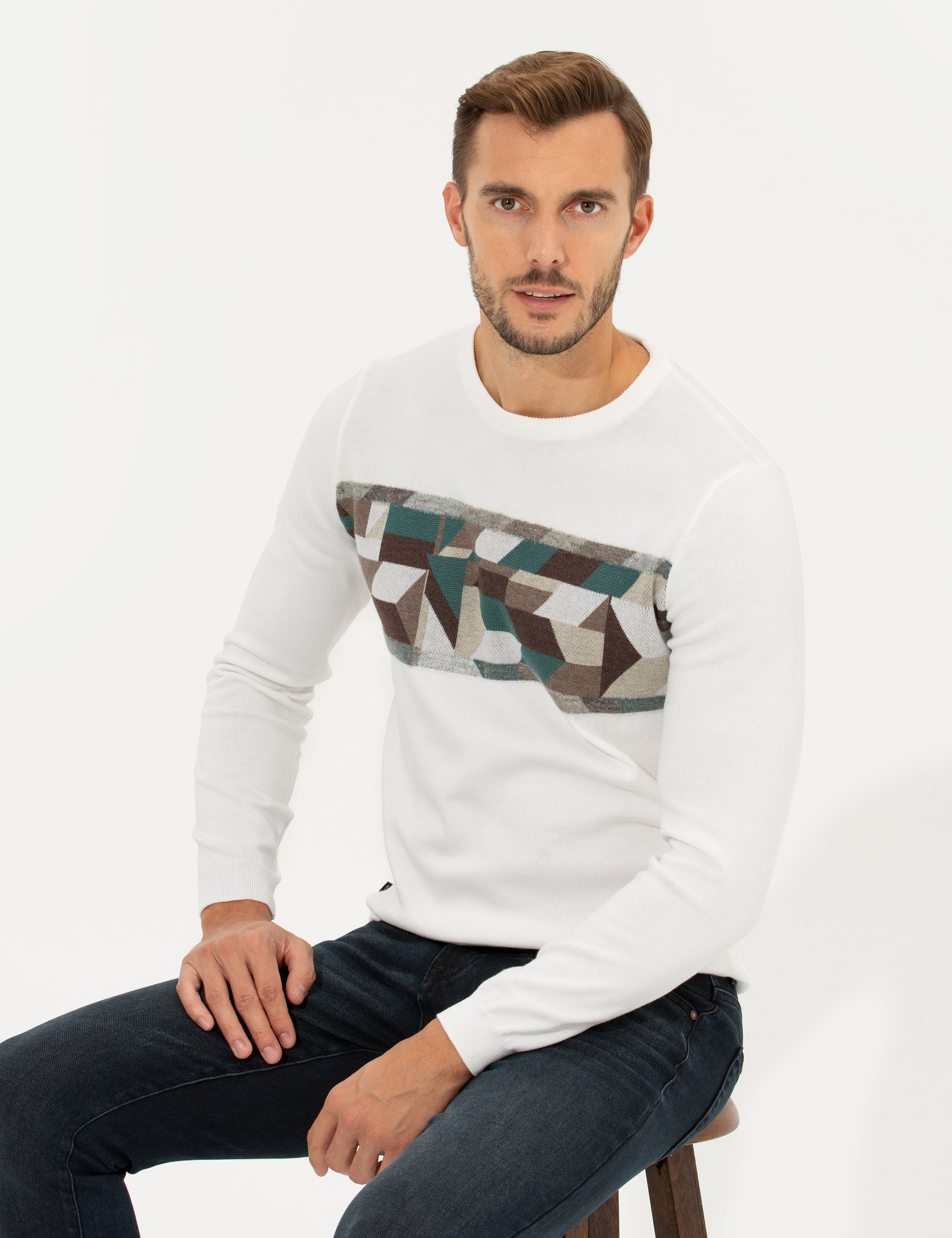Ekru Slim Fit Bisiklet Yaka Triko Kazak - Image 3