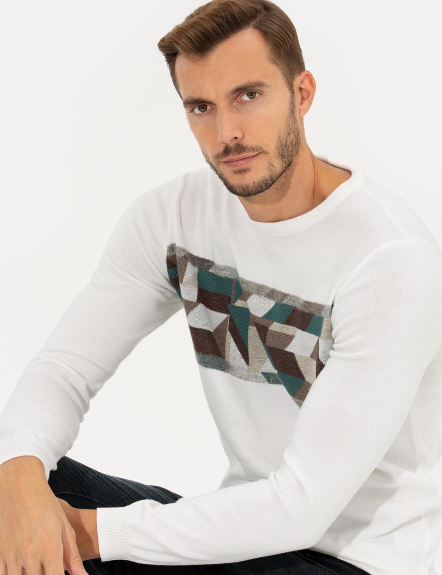 Ekru Slim Fit Bisiklet Yaka Triko Kazak