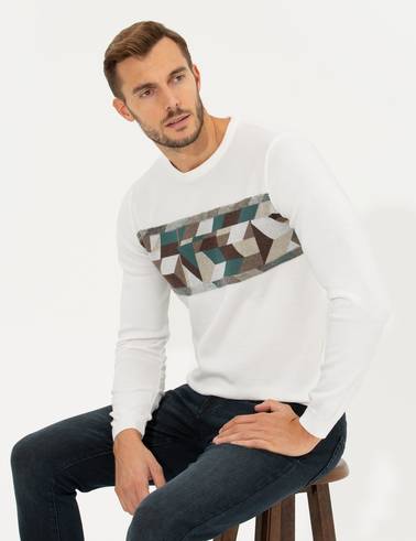 Ekru Slim Fit Bisiklet Yaka Triko Kazak