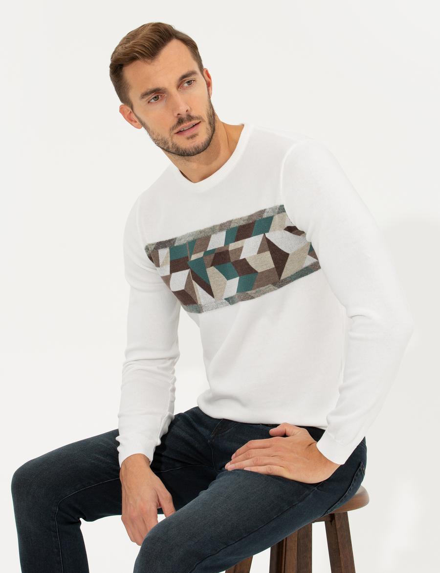 Ekru Slim Fit Bisiklet Yaka Triko Kazak