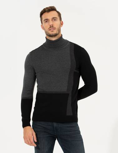 Gri Slim Fit Balıkçı Yaka Triko Kazak