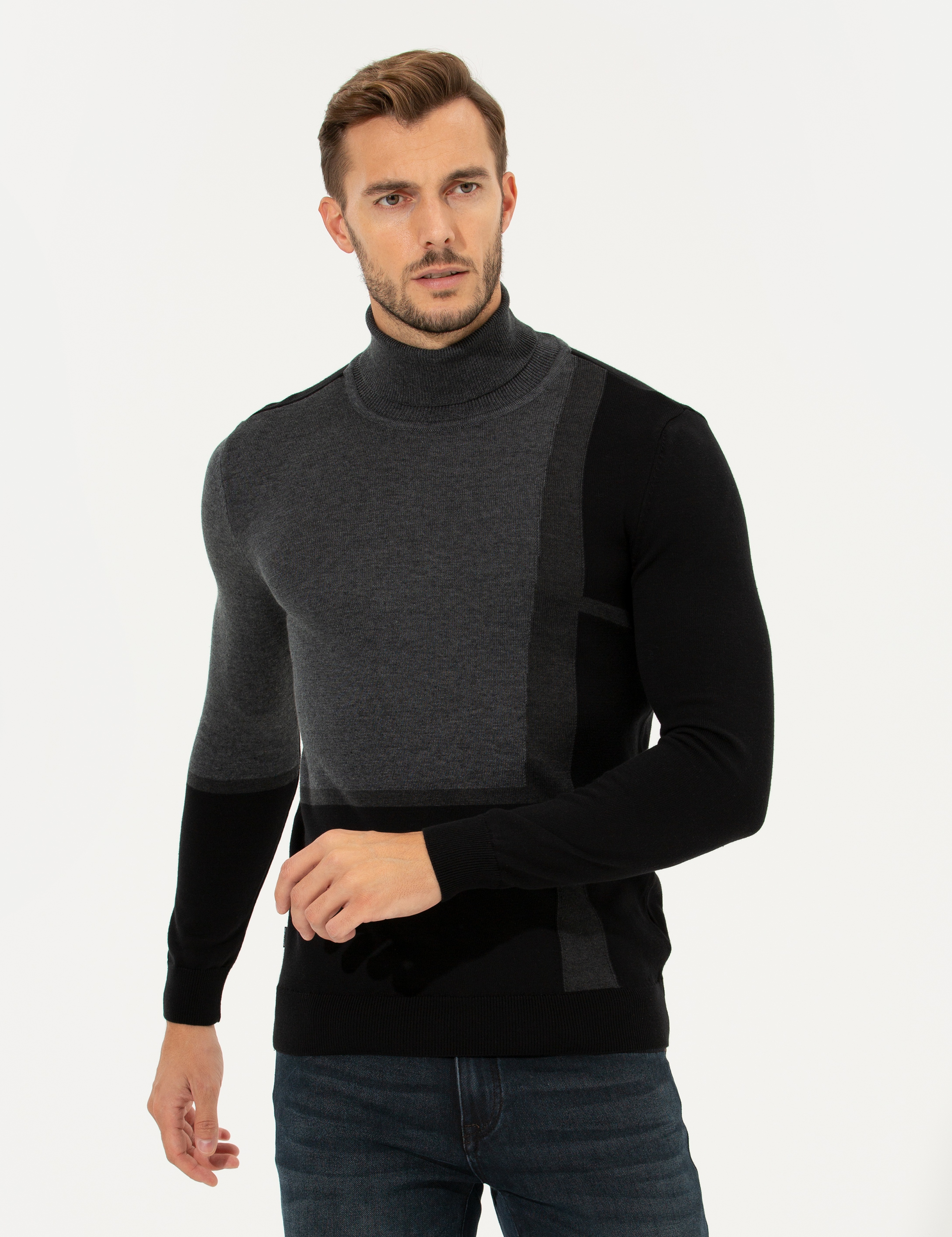 Gri Slim Fit Balıkçı Yaka Triko Kazak - Image 3