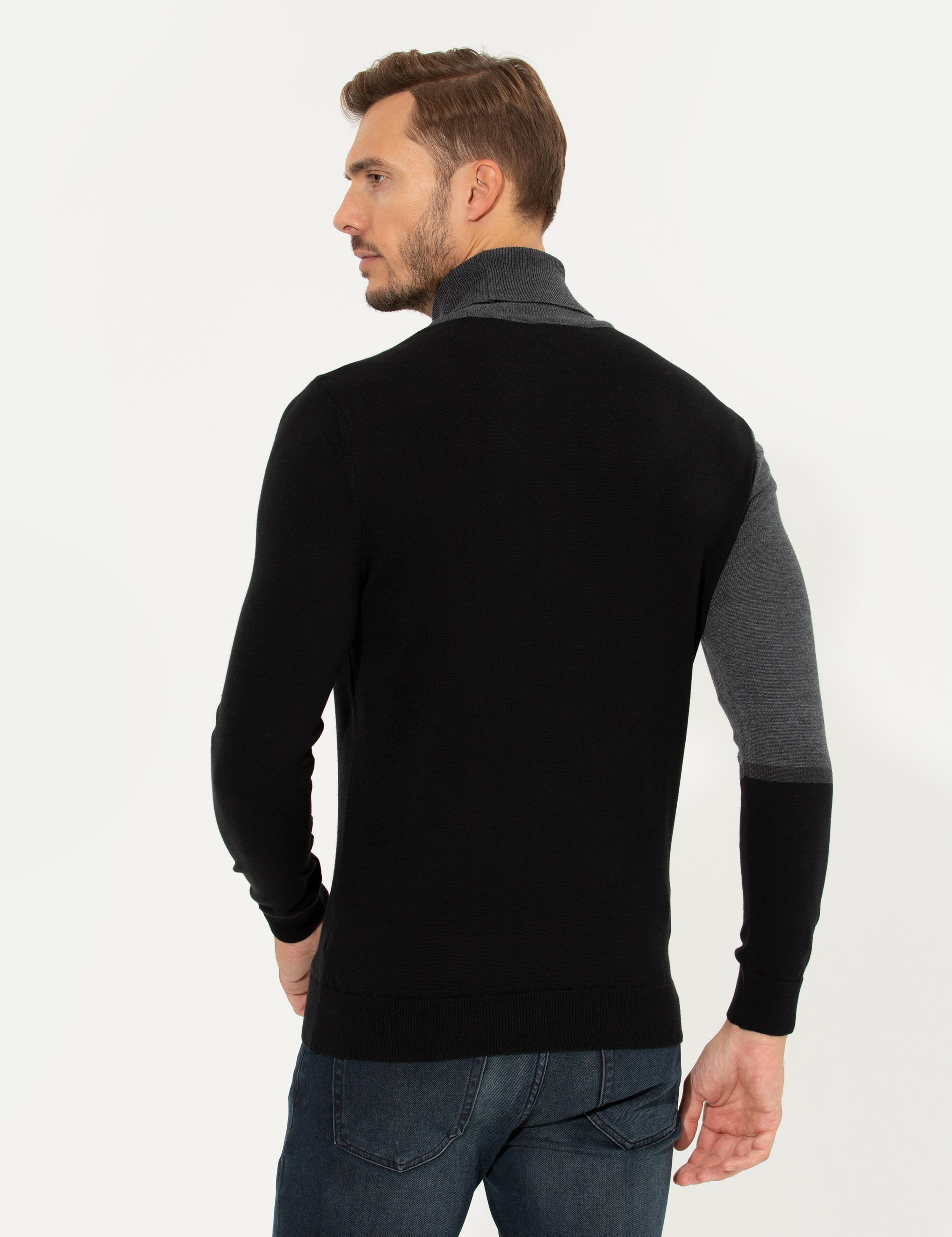 Gri Slim Fit Balıkçı Yaka Triko Kazak