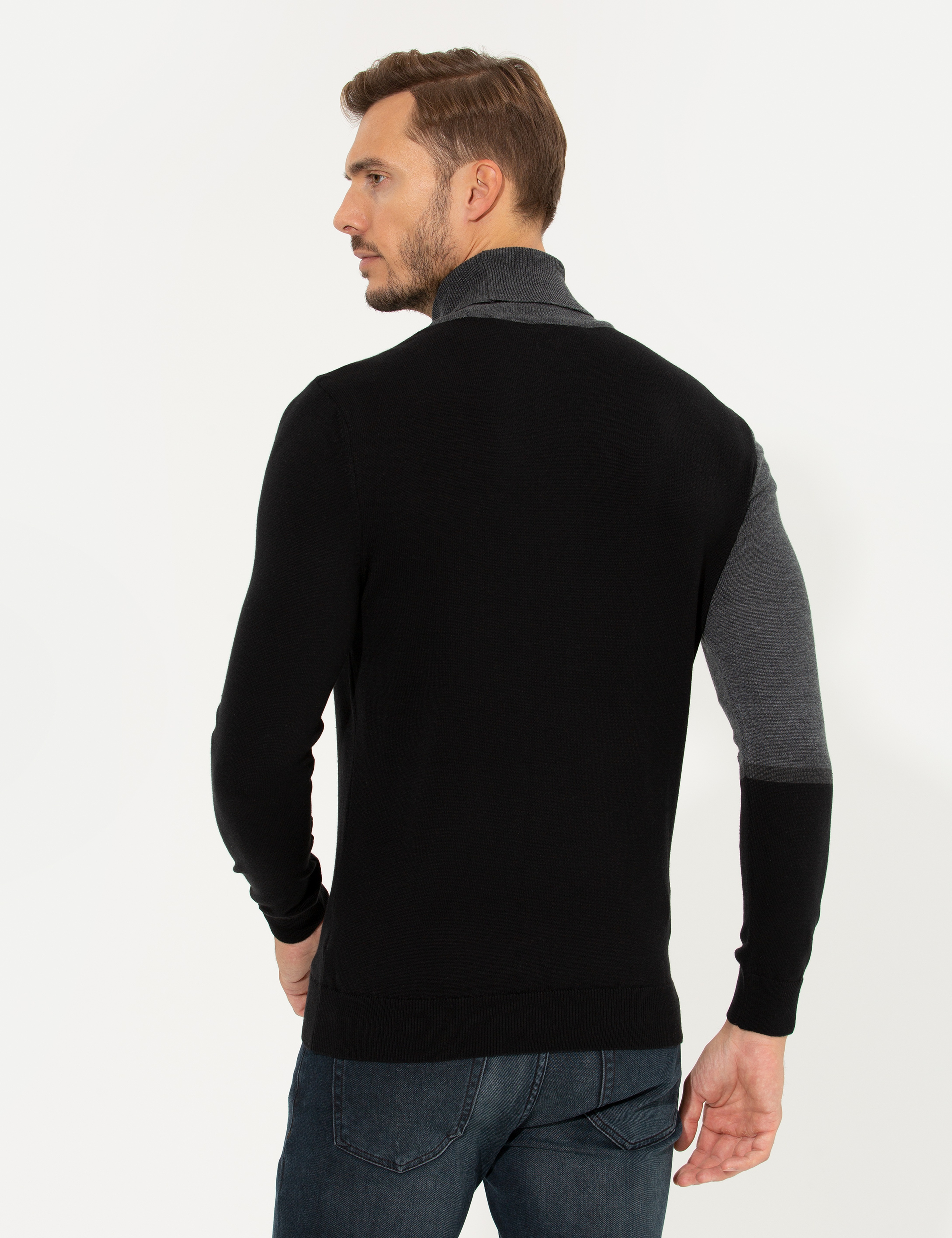 Gri Slim Fit Balıkçı Yaka Triko Kazak - Image 5