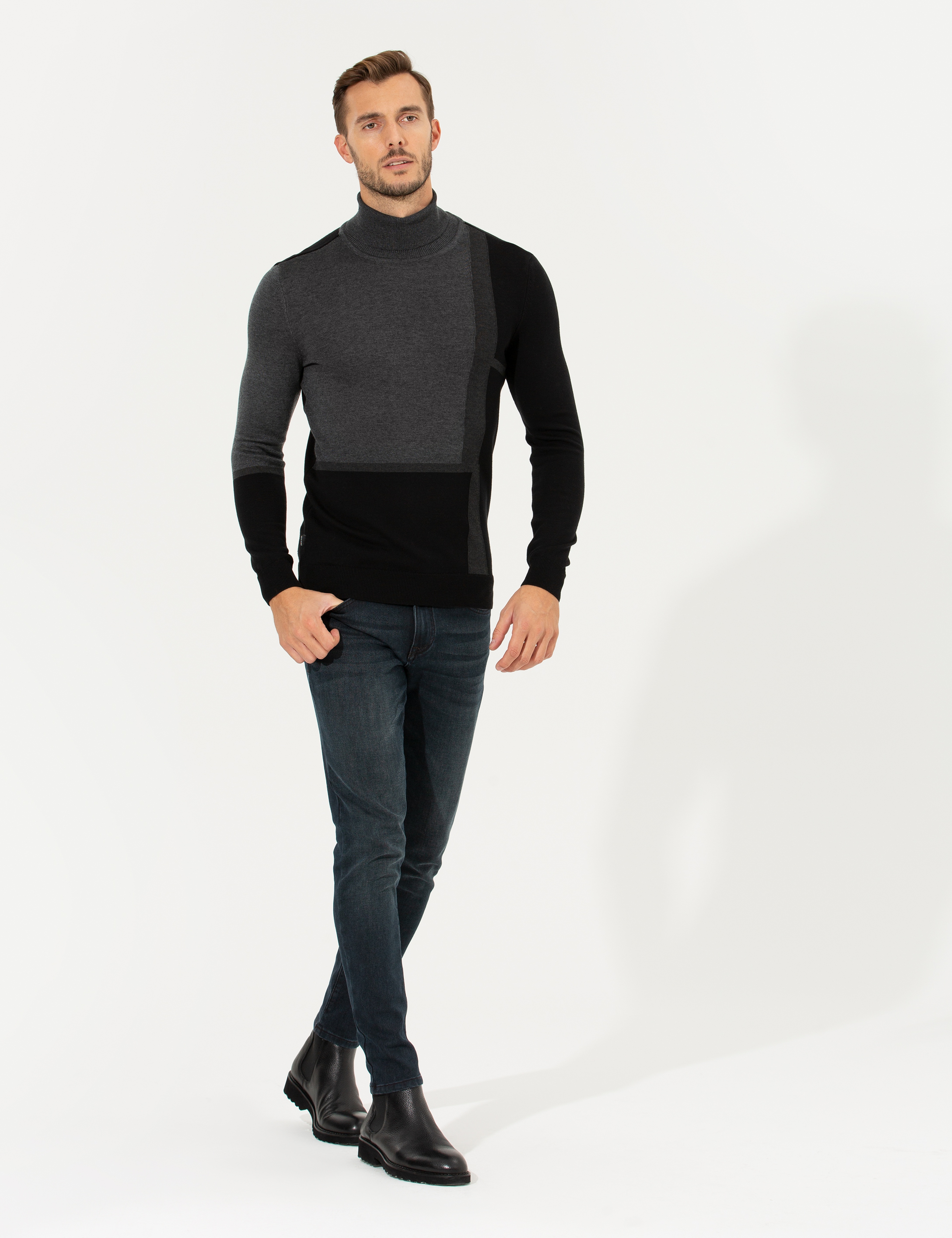 Gri Slim Fit Balıkçı Yaka Triko Kazak - Image 1