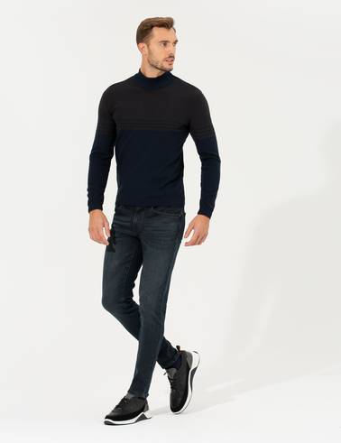 Lacivert Slim Fit Yarım Balıkçı Yaka Triko Kazak