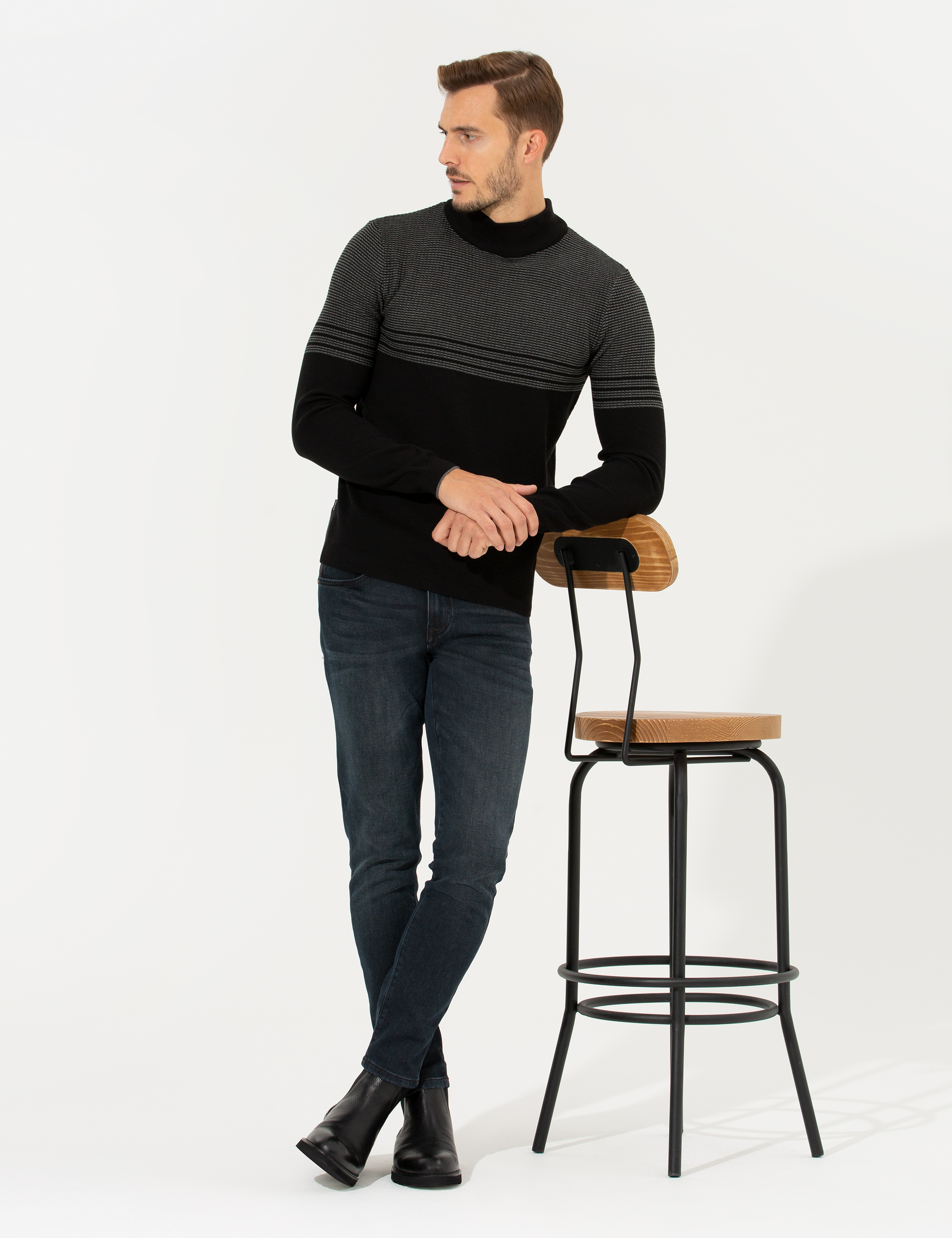 Pierre Cardin Siyah Slim Fit Yarım Balıkçı Yaka Triko Kazak görsel 3