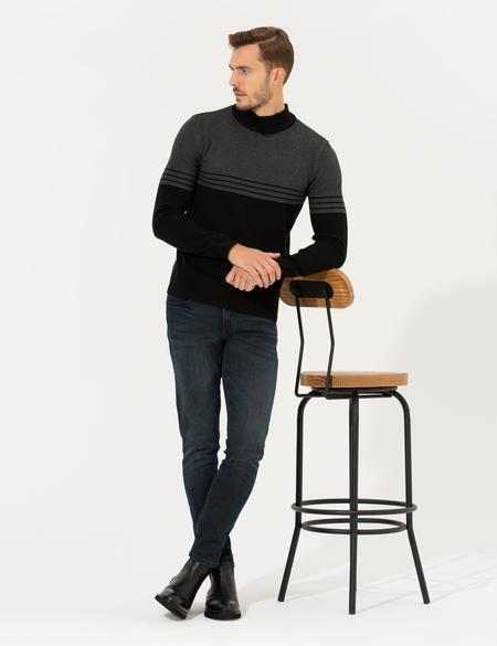 Siyah Slim Fit Yarım Balıkçı Yaka Triko Kazak - 50258671023