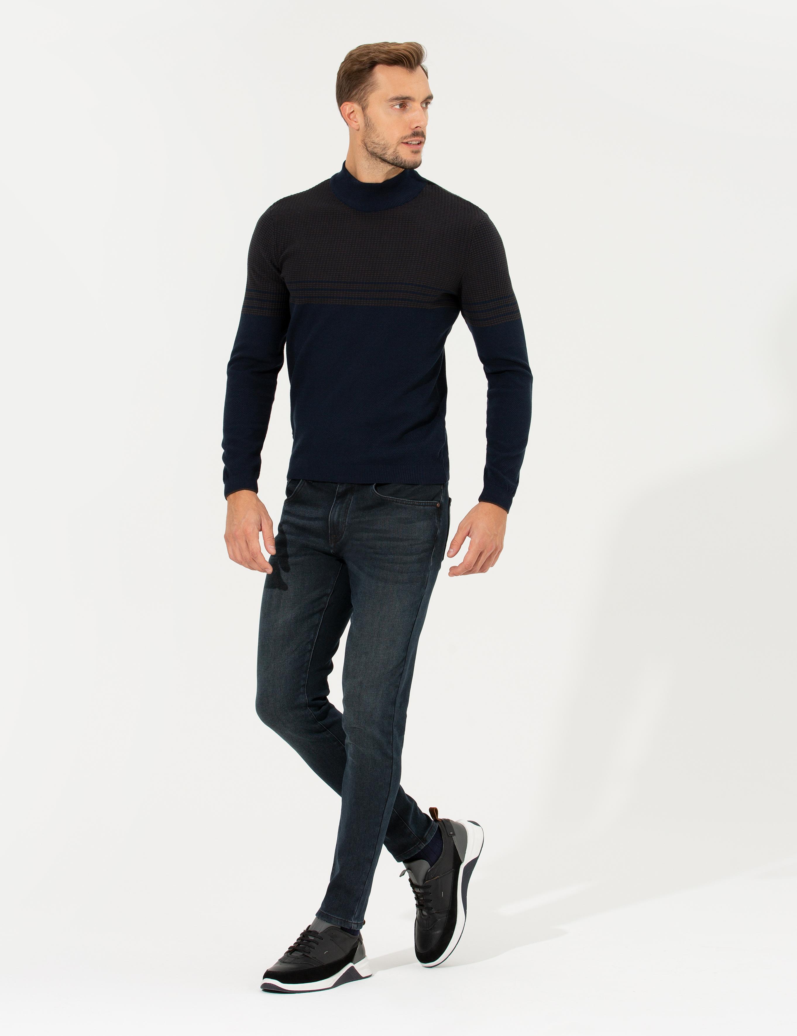 Lacivert Slim Fit Yarım Balıkçı Yaka Triko Kazak
