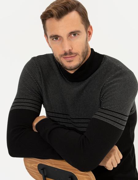 Siyah Slim Fit Yarım Balıkçı Yaka Triko Kazak - 50258671023