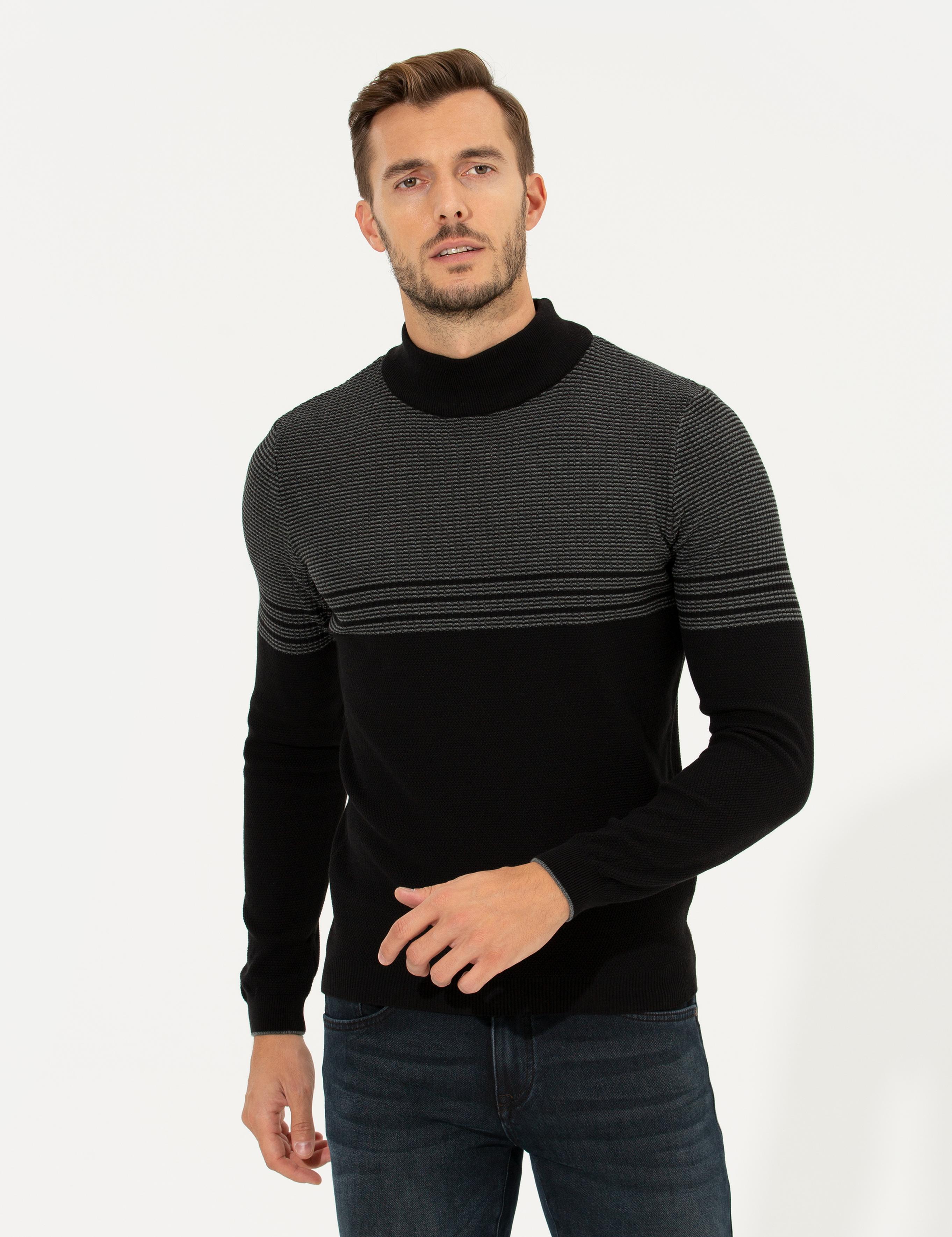 Siyah Slim Fit Yarım Balıkçı Yaka Triko Kazak