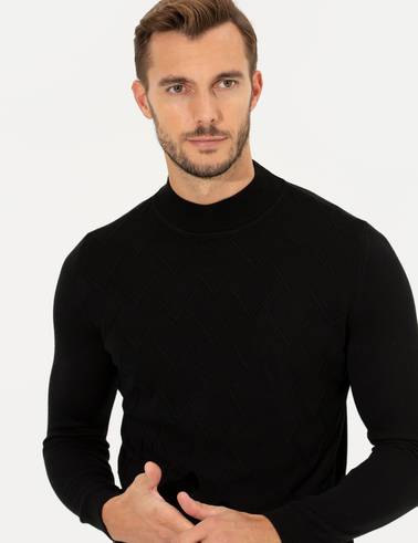 Siyah Slim Fit Balıkçı Yaka Triko Kazak