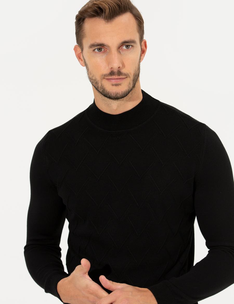 Siyah Slim Fit Balıkçı Yaka Triko Kazak