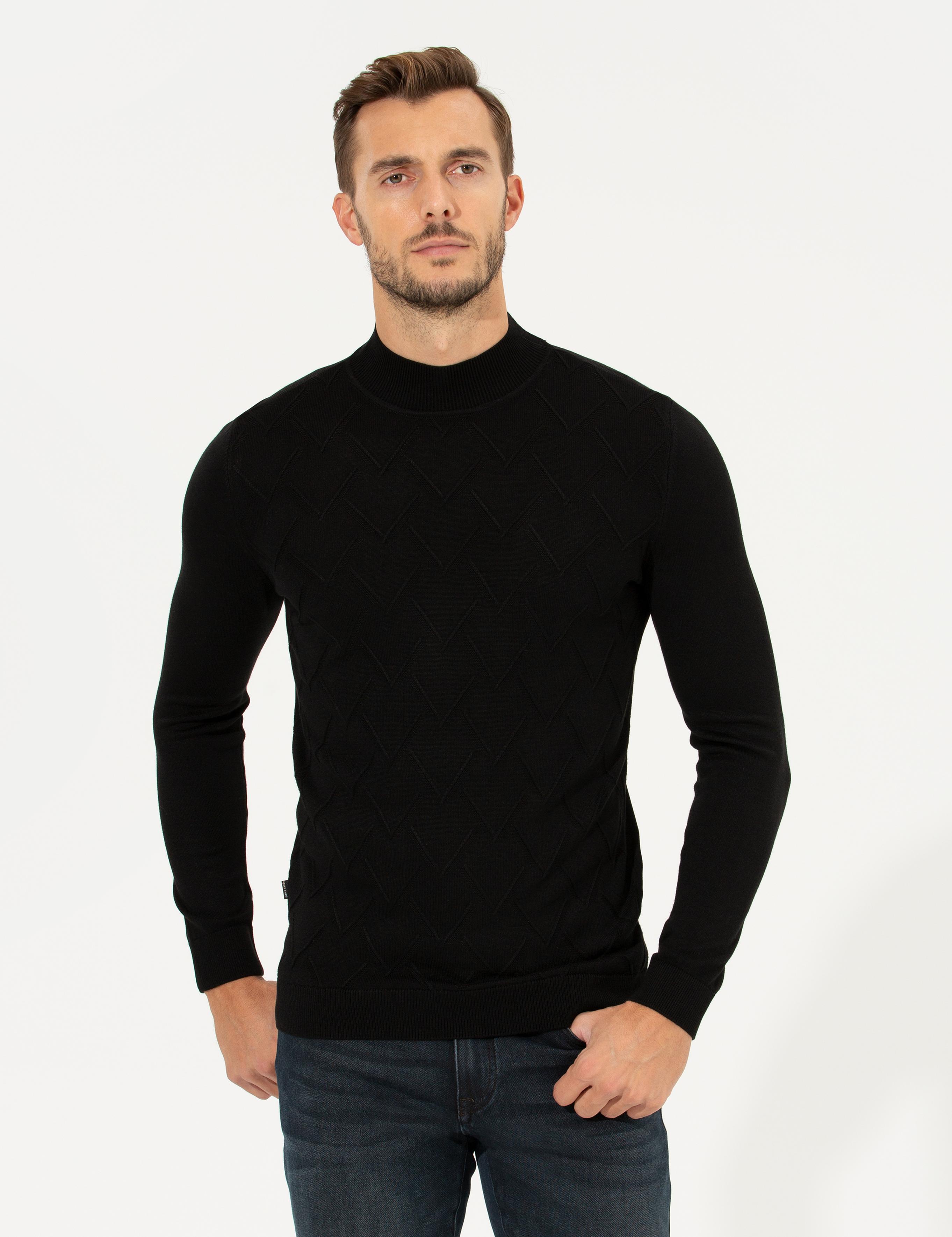 Siyah Slim Fit Balıkçı Yaka Triko Kazak