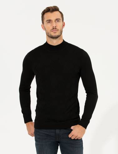 Siyah Slim Fit Balıkçı Yaka Triko Kazak
