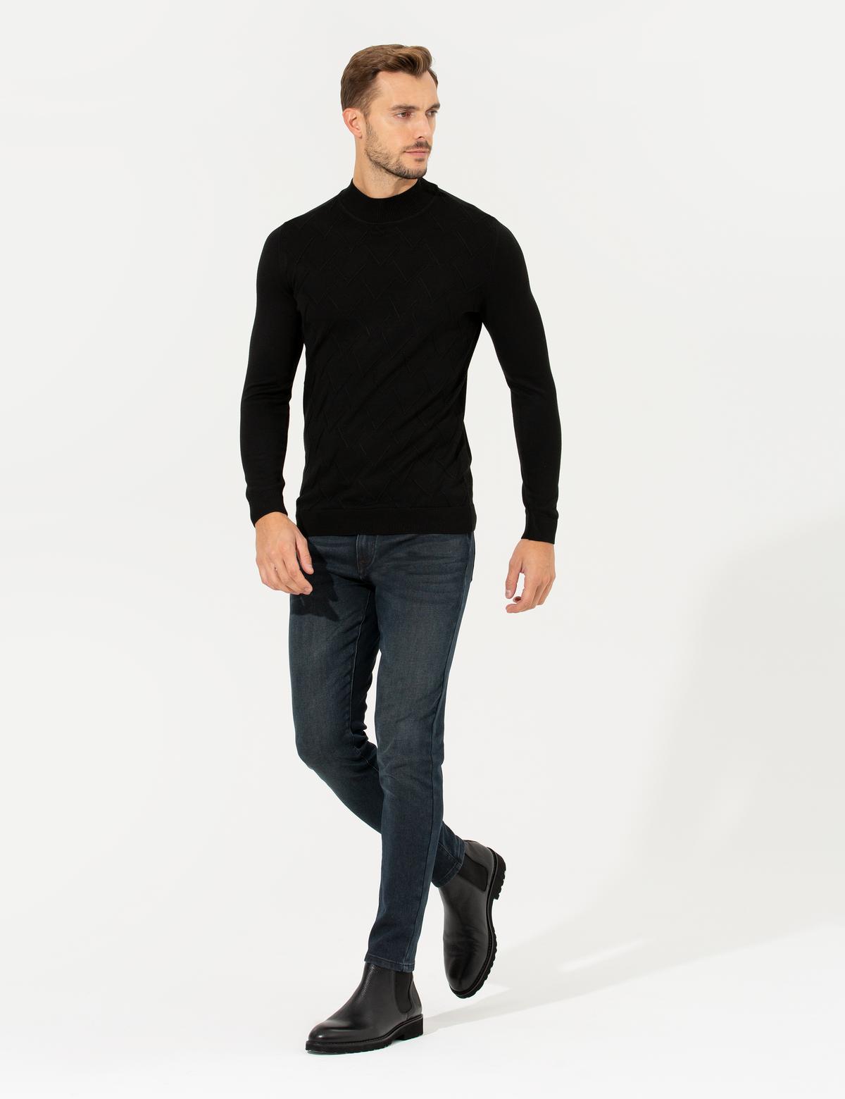 Siyah Slim Fit Balıkçı Yaka Triko Kazak - 50259865008