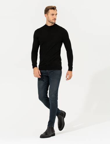 Siyah Slim Fit Balıkçı Yaka Triko Kazak