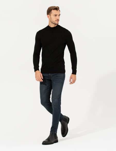 Siyah Slim Fit Balıkçı Yaka Triko Kazak - 50259865008