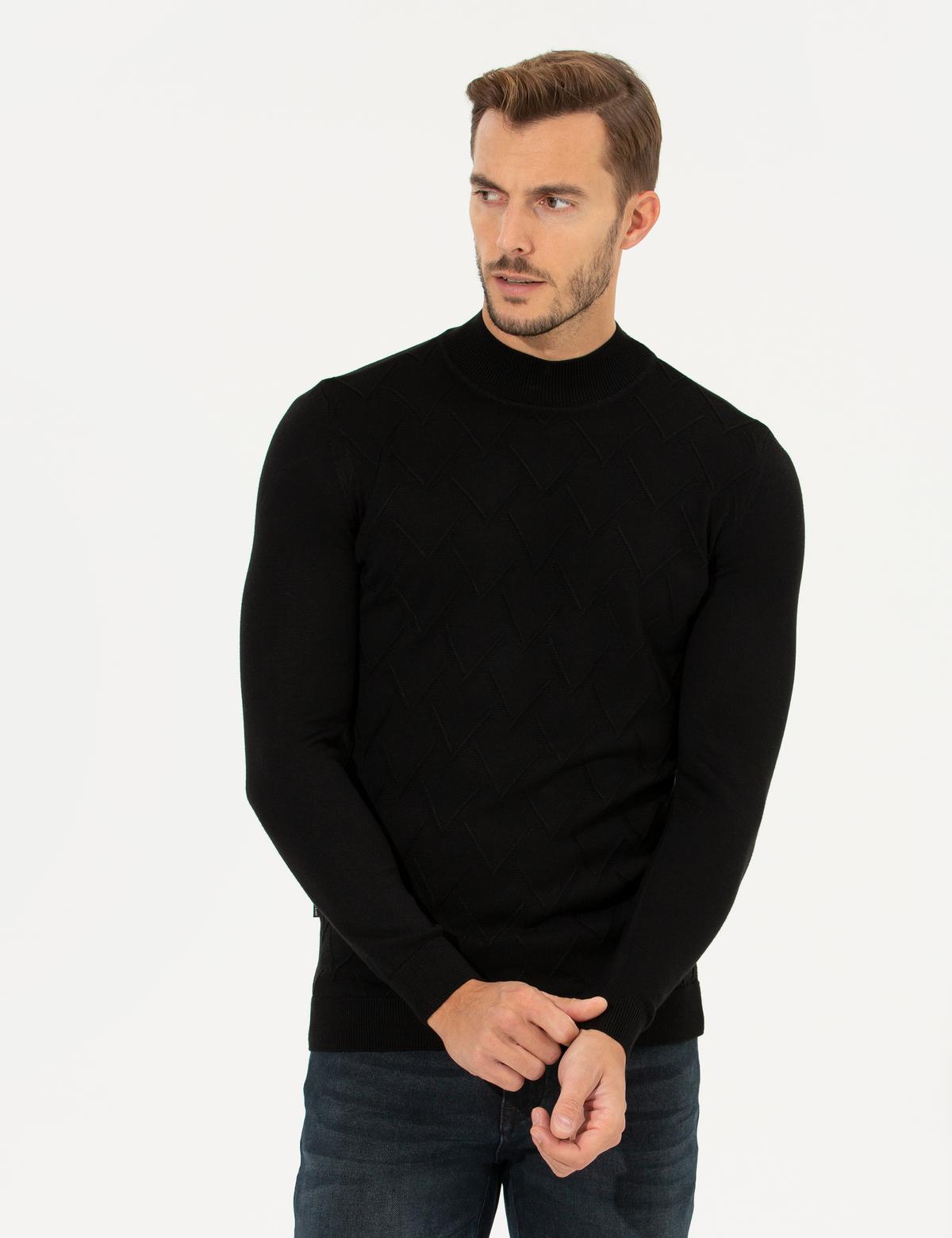 Siyah Slim Fit Balıkçı Yaka Triko Kazak - 50259865008