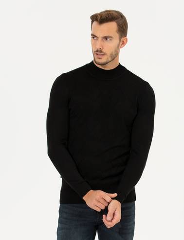 Siyah Slim Fit Balıkçı Yaka Triko Kazak