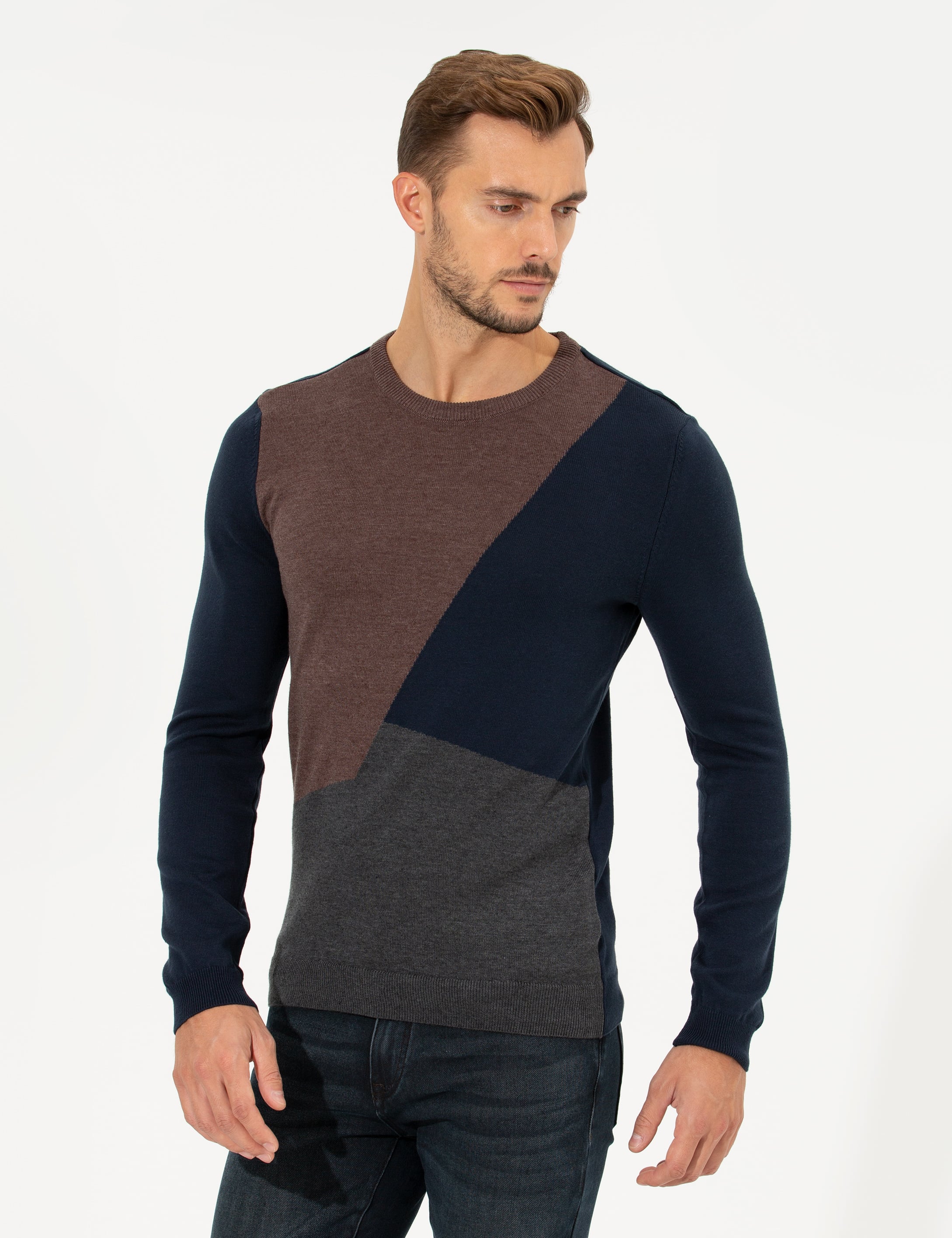 Lacivert Slim Fit Bisiklet Yaka Triko Kazak