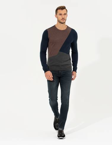 Lacivert Slim Fit Bisiklet Yaka Triko Kazak