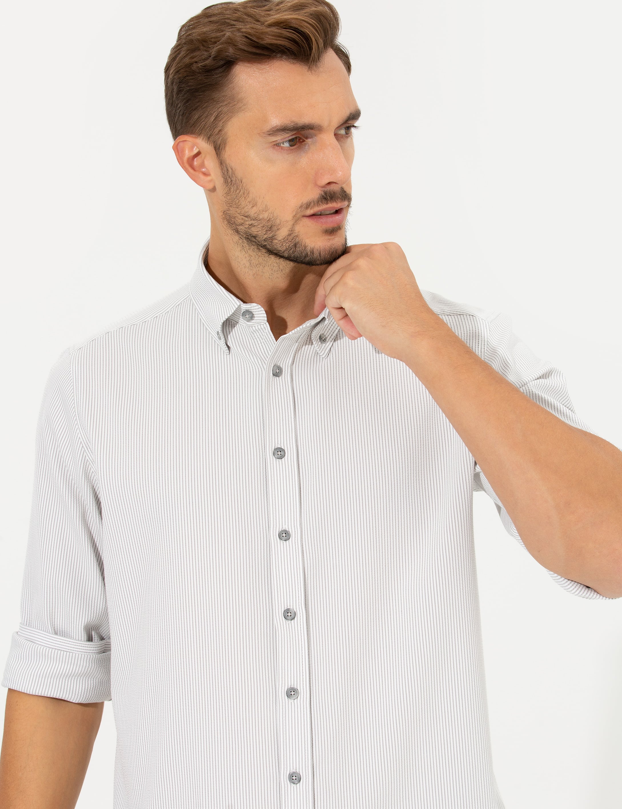 Açık Gri Slim Fit Uzun Kollu Gömlek - Image 1