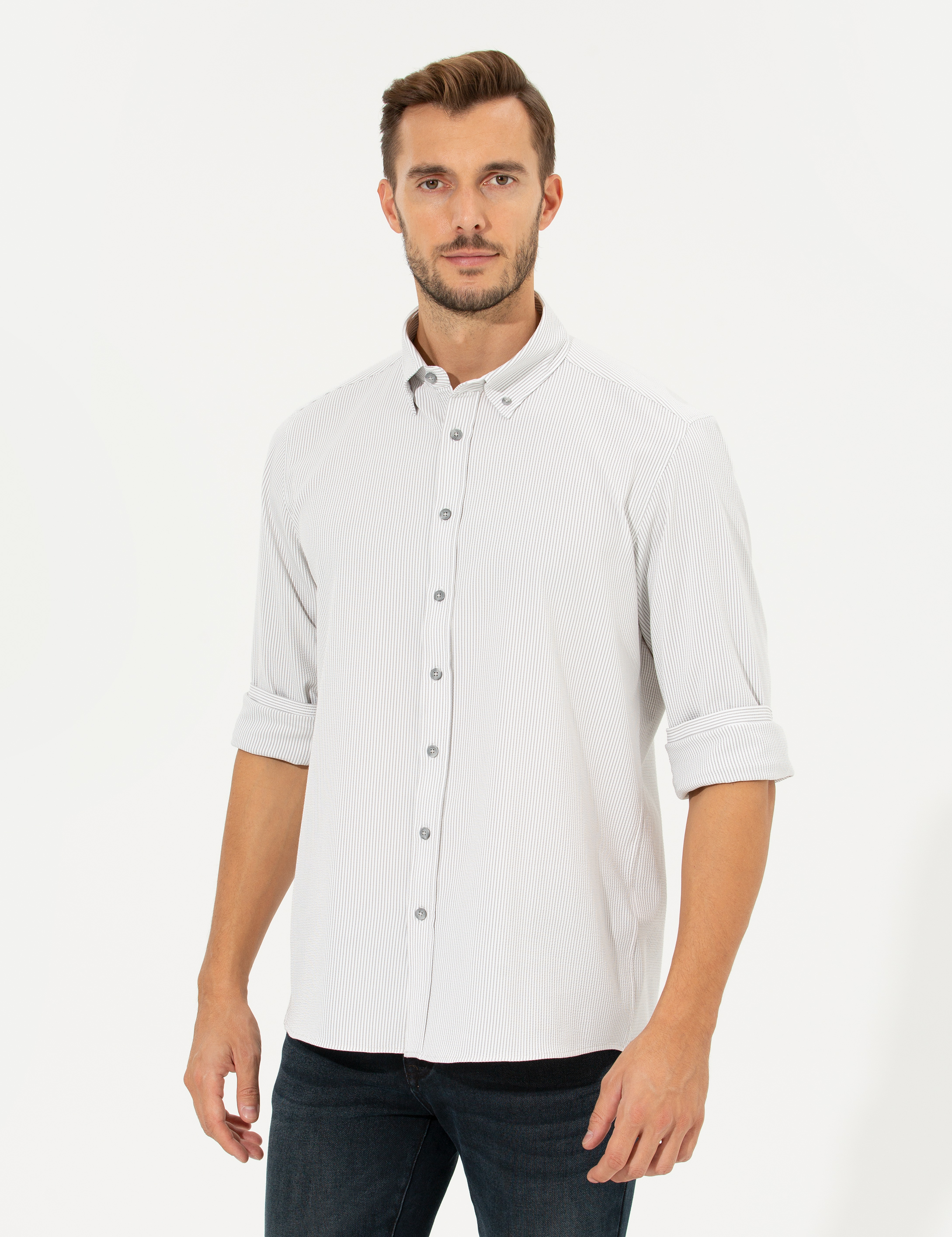 Pierre Cardin Açık Gri Slim Fit Uzun Kollu Gömlek görsel 4
