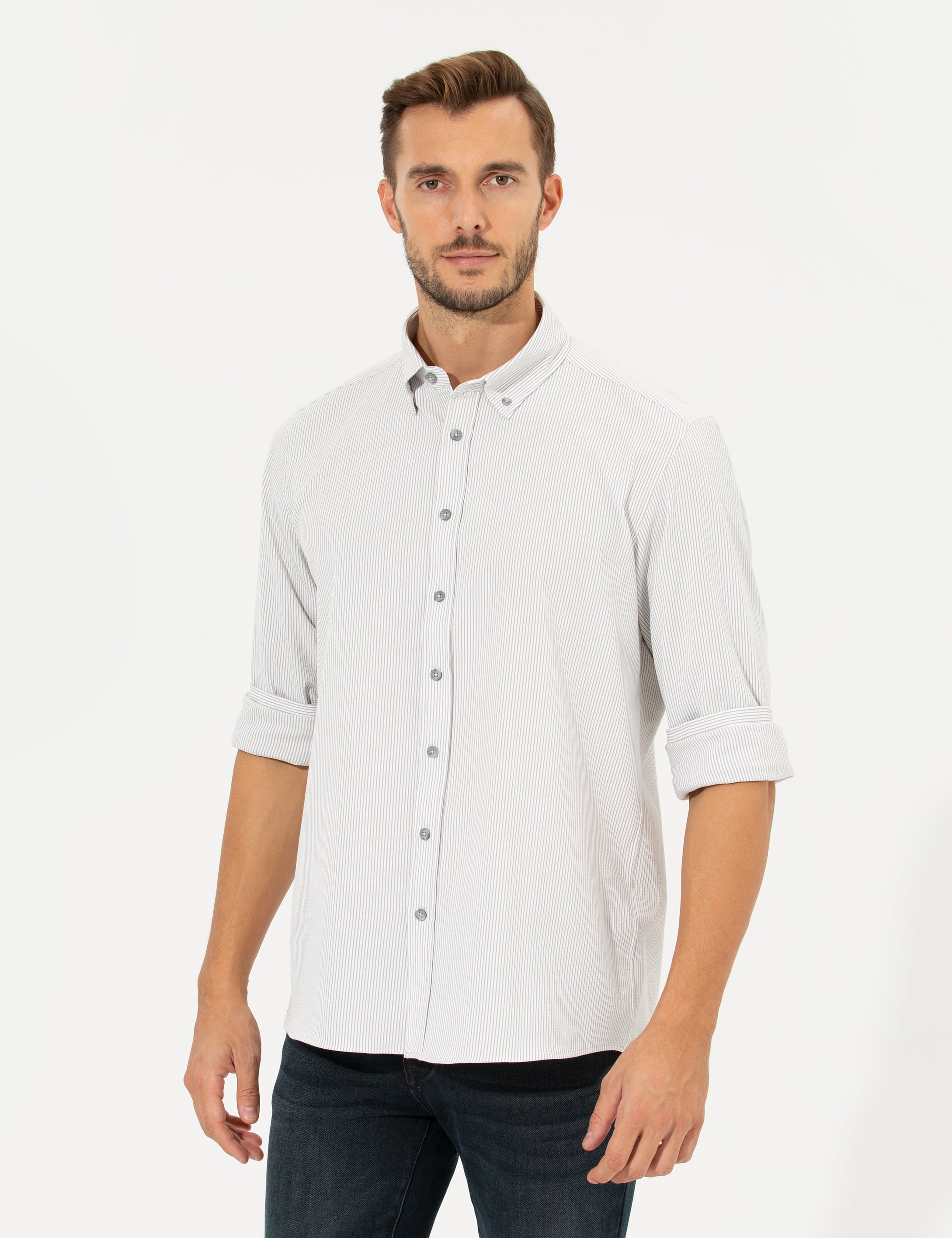 Açık Gri Slim Fit Uzun Kollu Gömlek
