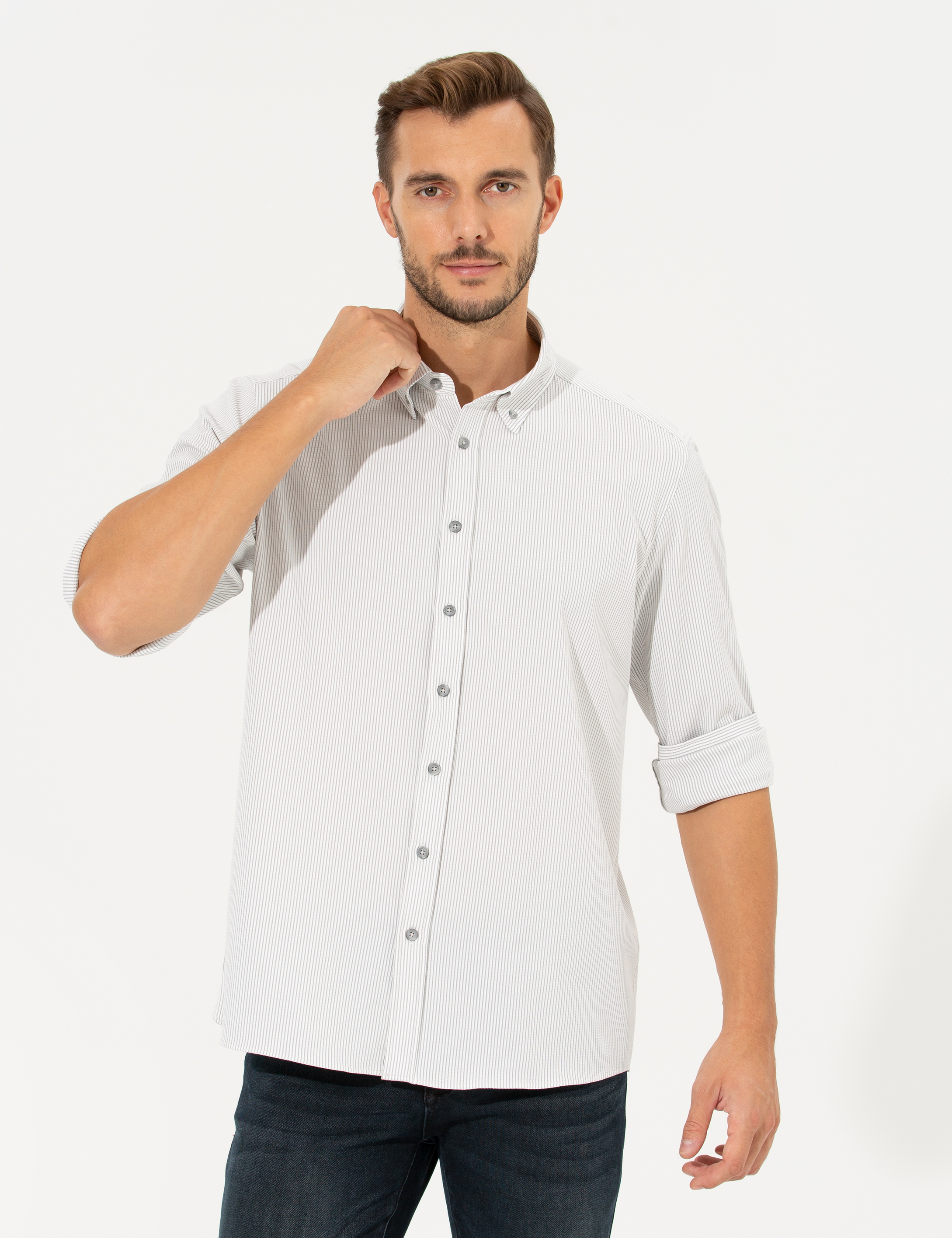 Pierre Cardin Açık Gri Slim Fit Uzun Kollu Gömlek görsel 2